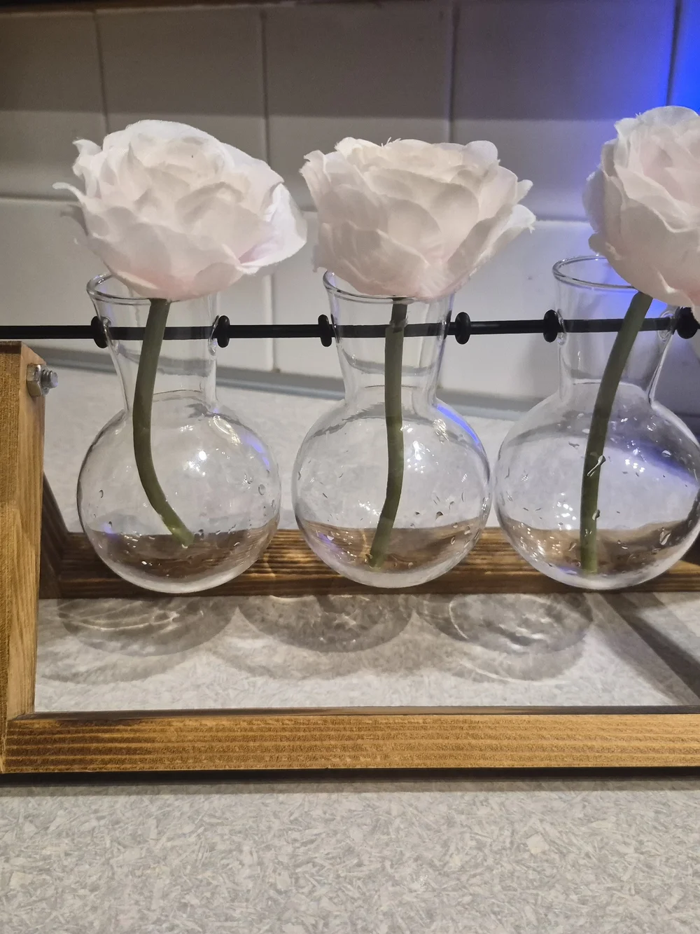 Clear Glass Triple Bud Vase with Pale Pink Faux Roses